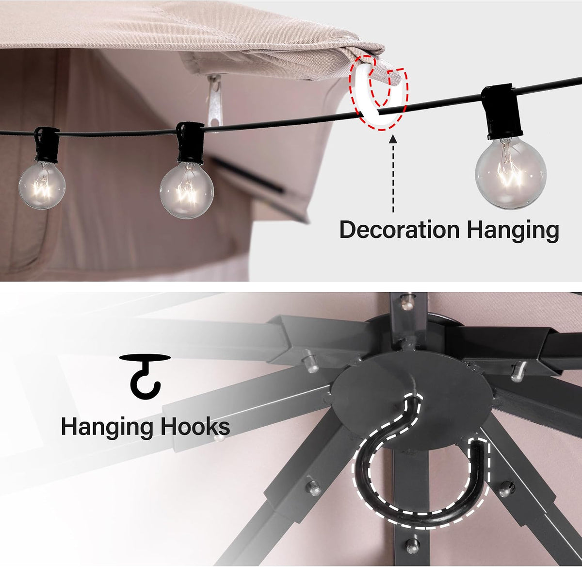 LAUSAINT HOME 10'x13' Outdoor Gazebo with 50FT String Lights, Metal Heavy Duty Patio Canopy Tent with Double Roofs, Mosquito Nettings and Privacy Screens for Backyard, Garden, Lawn, Khaki