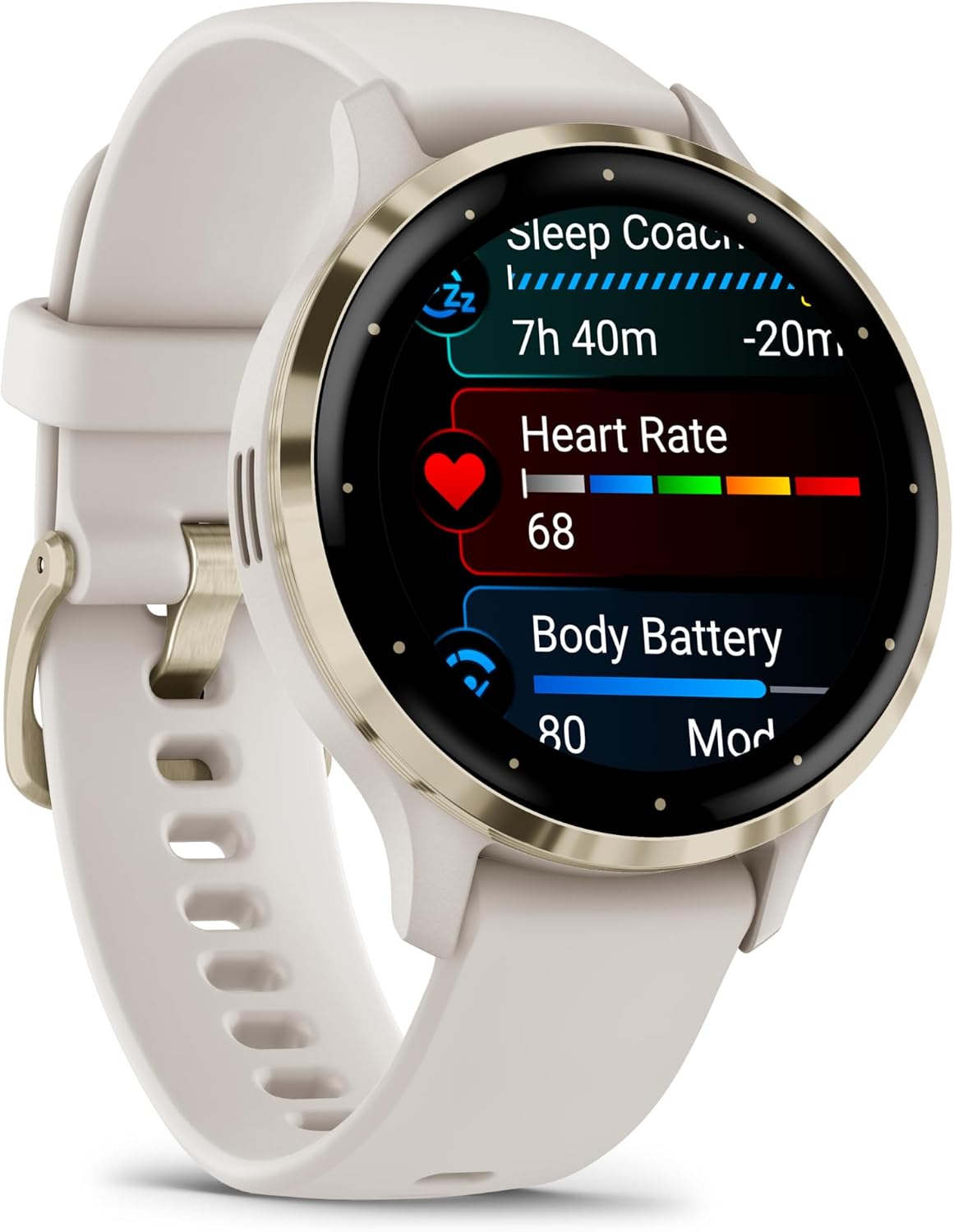 Garmin Venu 3S Advanced Fitness and Health Tracker Smart Watch Soft Gold Stainless Steel Bezel with Ivory Case and 41 MM Silicone Band 1.2 Inch AMOLED Touch Screen Display