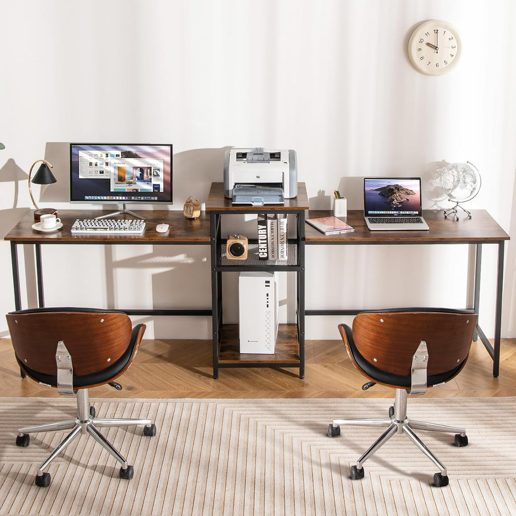 Tangkula 97' Extra Long 2-Person Computer Desk with Power Outlet, Home Office Computer Workstation with Printer Stand, Metal Mesh Shelf & CPU Stand, Double Gaming Table (Rustic Brown)