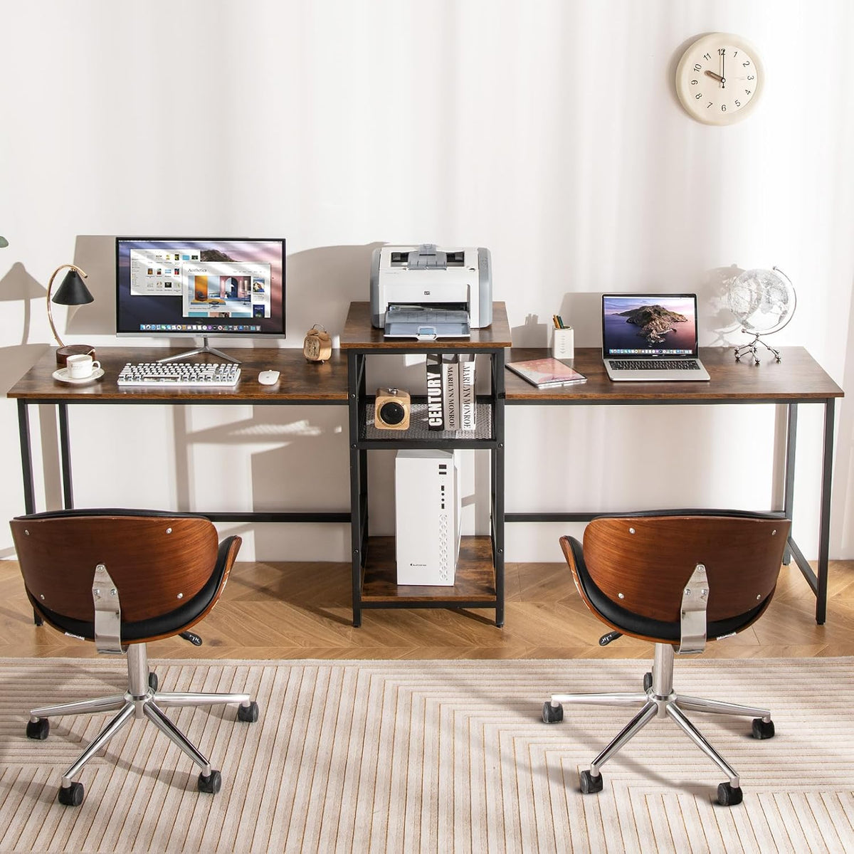 Tangkula 97' Extra Long 2-Person Computer Desk with Power Outlet, Home Office Computer Workstation with Printer Stand, Metal Mesh Shelf & CPU Stand, Double Gaming Table (Rustic Brown)