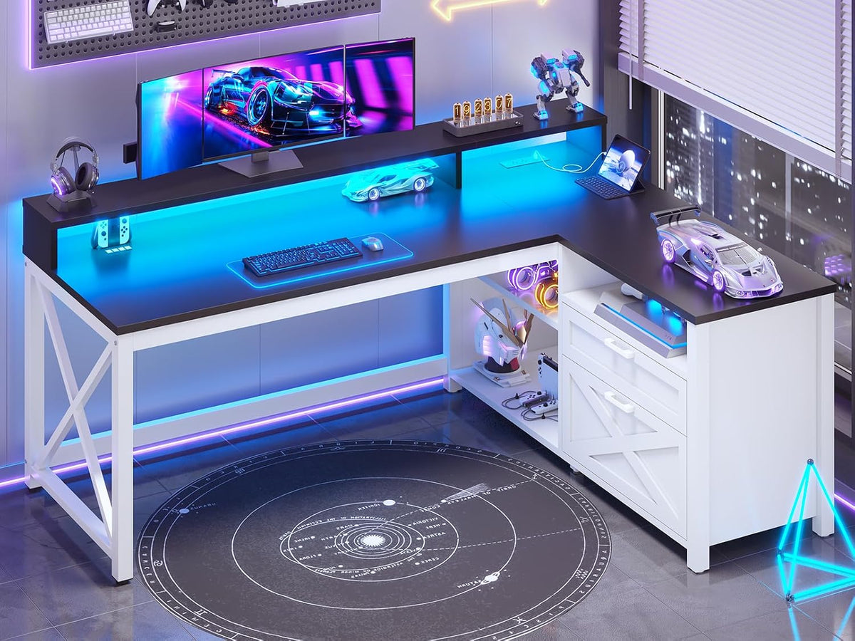 SEDETA Corner Computer Desk, 55' L Shaped Gaming Desk with Storage Drawers and Power Outlet, Farmhouse Corner Gaming Desk with Storage Shelves and LED Lights for Home Office, Black