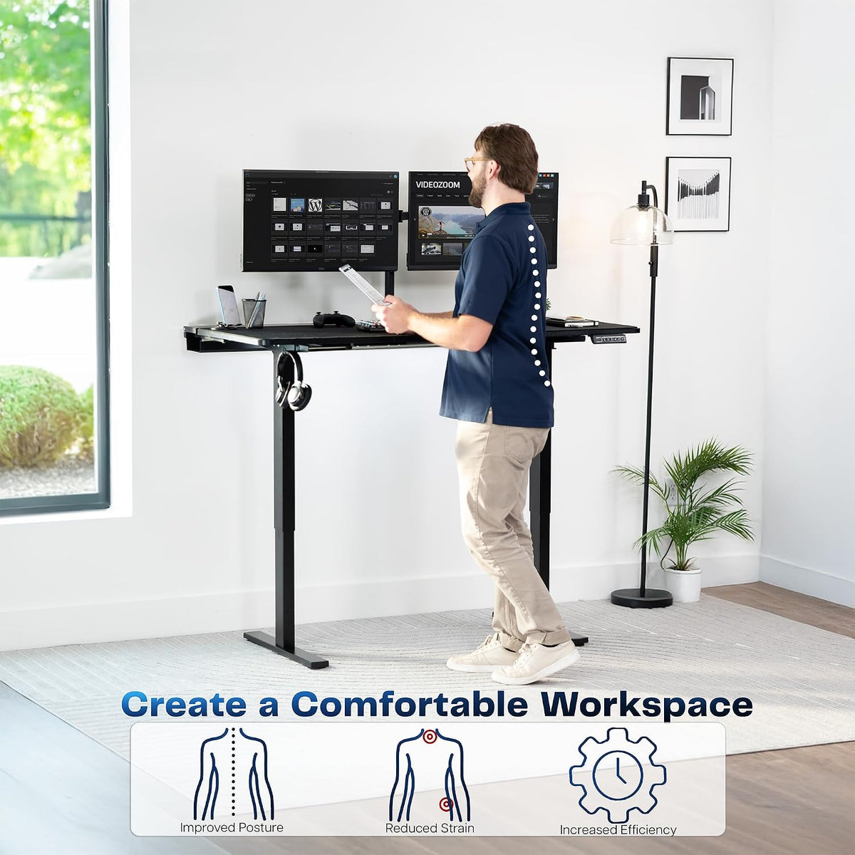 VIVO Electric 60 x 30 in Standing Adjustable Gaming Desk with Hidden Cable Trays, Full-Size Mouse Pad, Holds 220 lbs, Black Top Black Frame, DESK-KIT-1B6-P3B