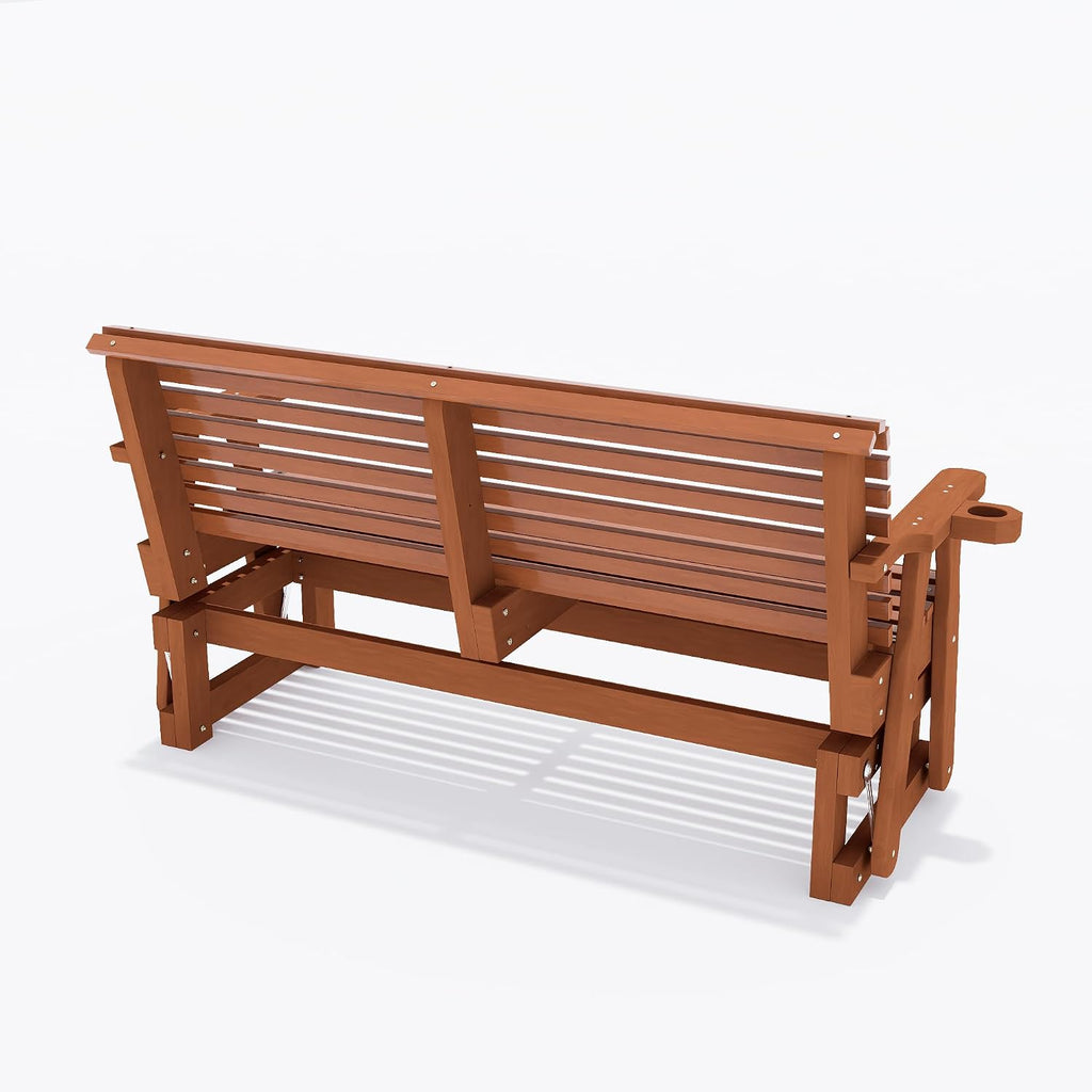 3-Seater Outdoor Glider Chair, 5FT Wood Porch Glider with High Roll Back, Cupholders and Deep Contoured for Porch, Garden, Cedar Brown