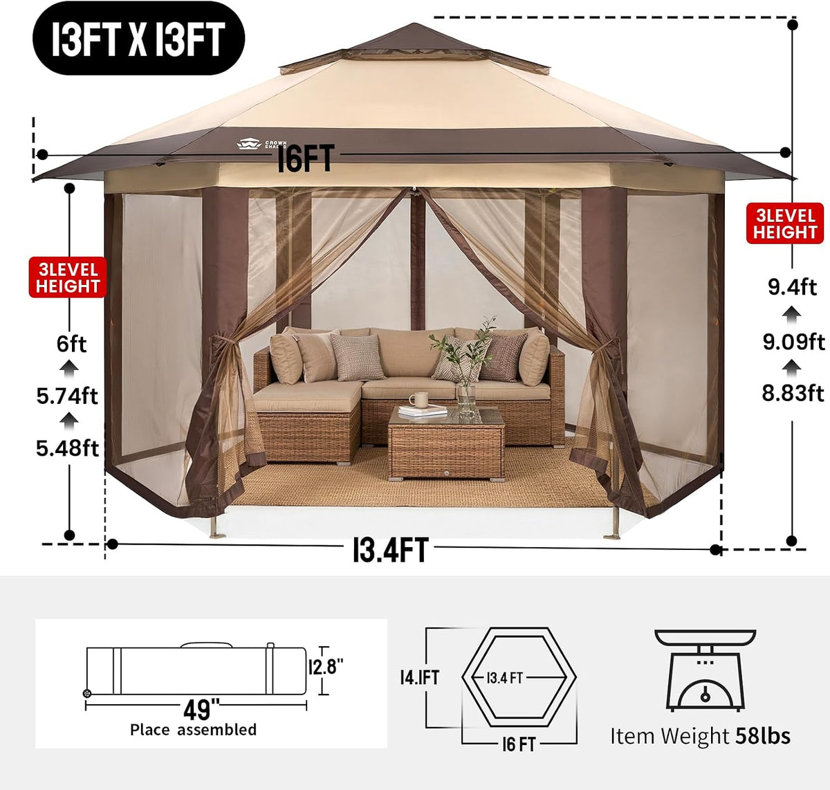 CROWN SHADES 13x13 Pop Up Gazebo with Mosquito Nettings, Patented Center Lock 6-Sided Portable Gazebo, 300D Silver-Coated Fabric UV Resistant, Pop Up Canopy Tent for Patio, Party, Beige&Coffee