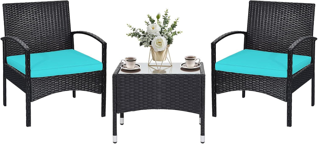 RELAX4LIFE 3-Piece Patio Furniture Set - Rattan Conversation Set, Wicker Bistro Set w/2 Chairs, Glass Coffee Table, Steel Frame, Outdoor Chairs Set for Yard Balcony, Front Porch Furniture (Turquoise)