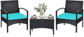 RELAX4LIFE 3-Piece Patio Furniture Set - Rattan Conversation Set, Wicker Bistro Set w/2 Chairs, Glass Coffee Table, Steel Frame, Outdoor Chairs Set for Yard Balcony, Front Porch Furniture (Turquoise)