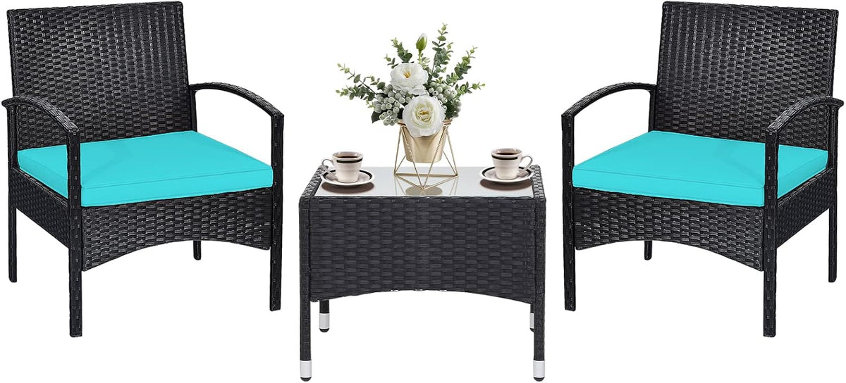 RELAX4LIFE 3-Piece Patio Furniture Set - Rattan Conversation Set, Wicker Bistro Set w/2 Chairs, Glass Coffee Table, Steel Frame, Outdoor Chairs Set for Yard Balcony, Front Porch Furniture (Turquoise)
