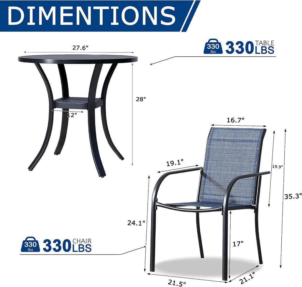 3 Piece Outdoor Dining Set, Patio Table and Chairs Set of 2, 27.6' Black Round Patio Table with 2 Blue Stackable Patio Chairs for Lawn, Garden, Porch