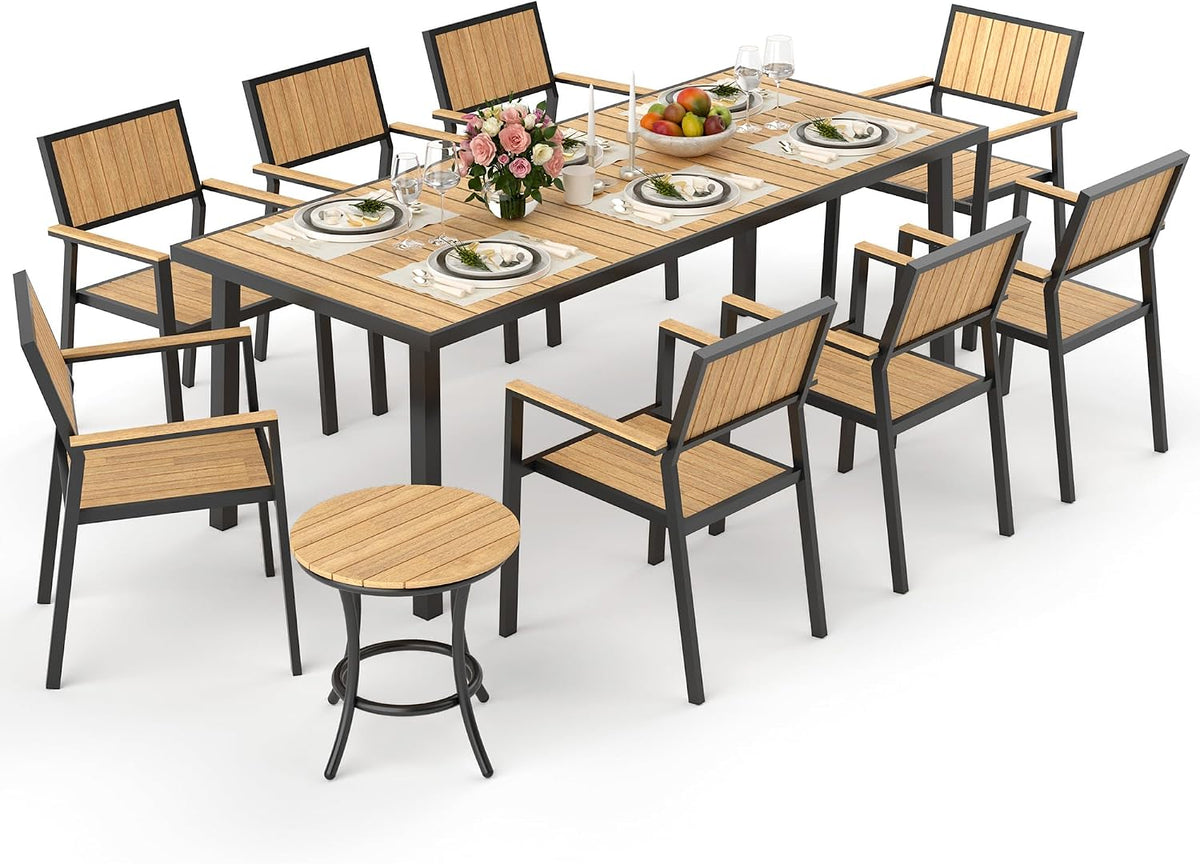 10-Piece Patio Dining Set, Outdoor Weather-Resistant Plastic-Wood Table & 8 Stackable Chairs, Outdoor Durable Aluminum Frame Furniture for Garden, Poolside, Backyard