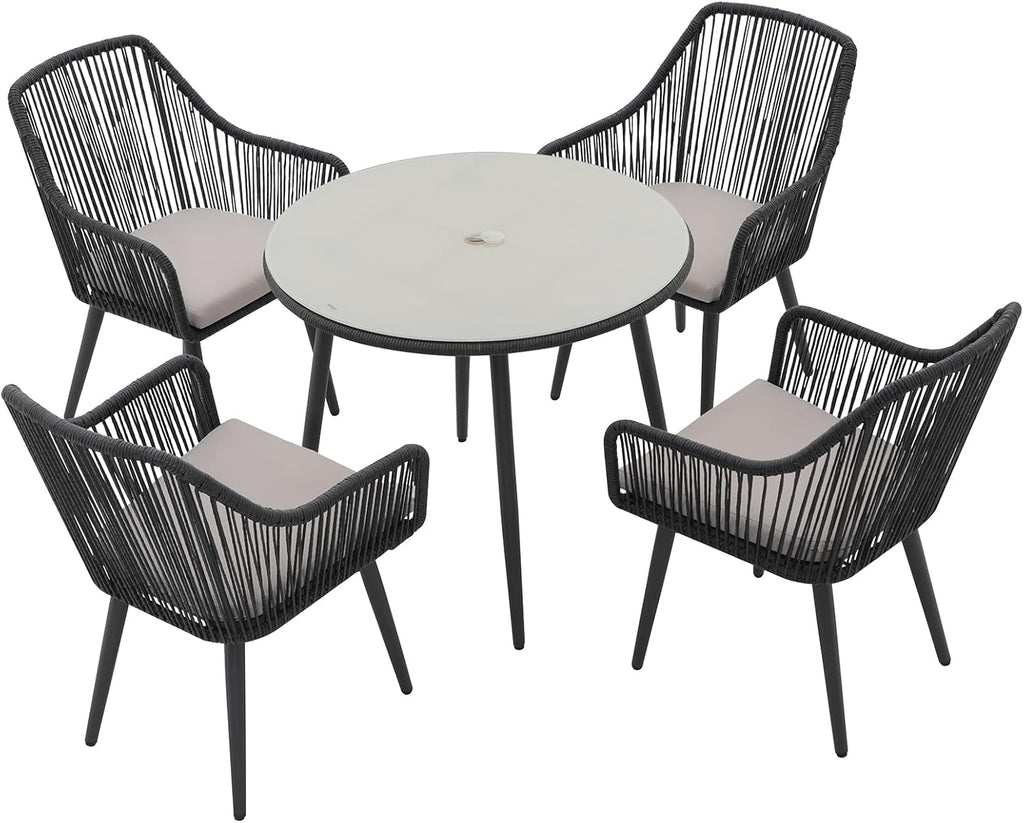Patiorama 5-Piece Patio Dining Set, Outdoor Dining Table Chair Set, All-Weather Twisted Rattan Wicker Rope Conversation Set, Patio Furniture Set w/Umbrella Hole, 4 Cushioned Chairs&Glass Table(Black)