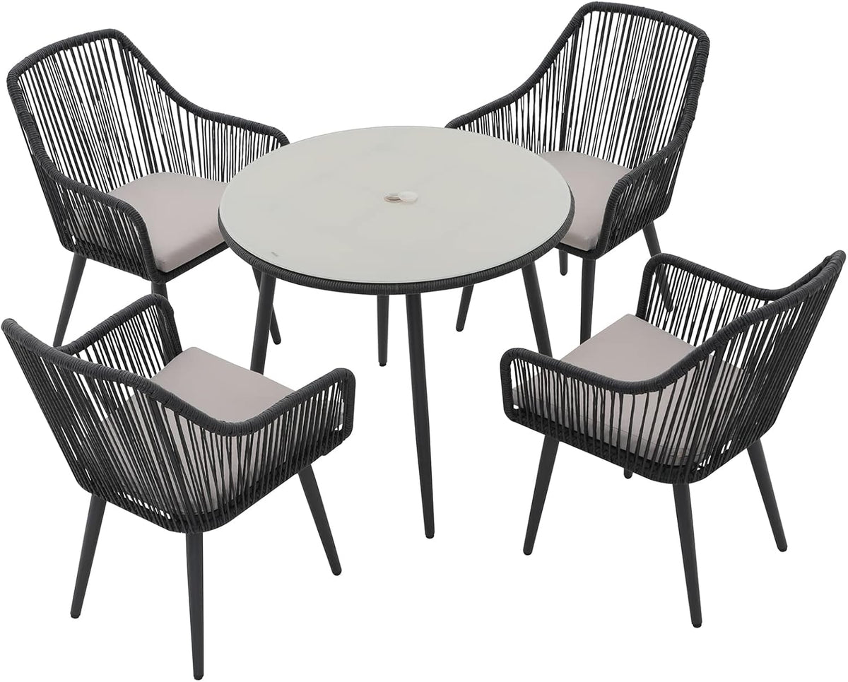 Patiorama 5-Piece Patio Dining Set, Outdoor Dining Table Chair Set, All-Weather Twisted Rattan Wicker Rope Conversation Set, Patio Furniture Set w/Umbrella Hole, 4 Cushioned Chairs&Glass Table(Black)