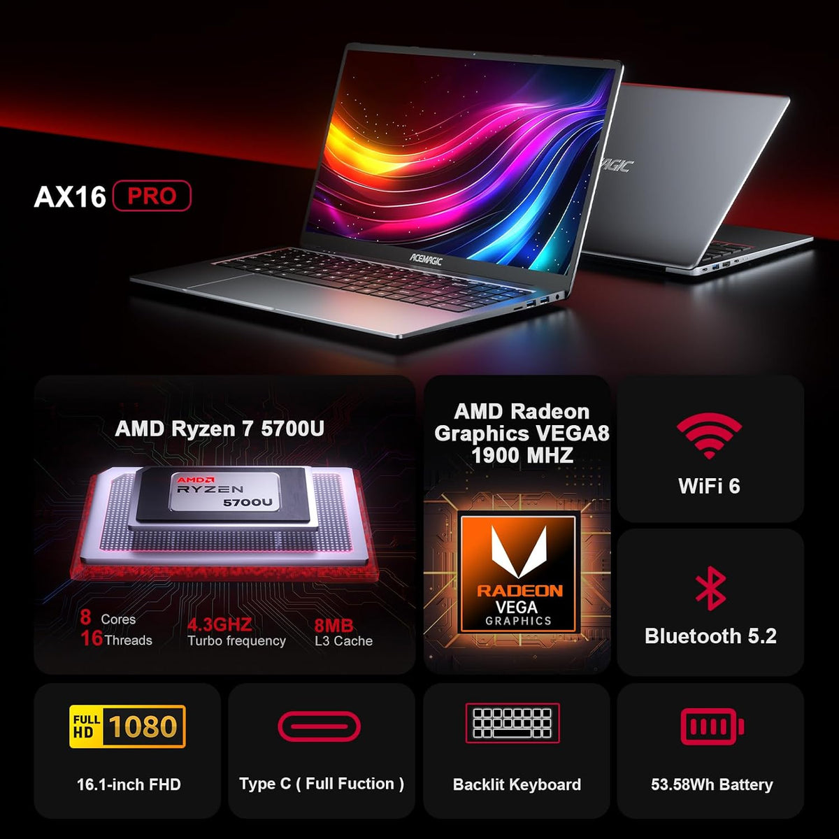 MALLRACE 2025 New Gaming Laptop with AMD Ryzen7 5000 Series(Up to 4.3GHZ,8C/16T),AMD Radeon Graphics,16GB DDR4x2 512GB SSD Windows Laptop Computer with Numeric Keyboard,15.6 inch IPS Display,WIFI6