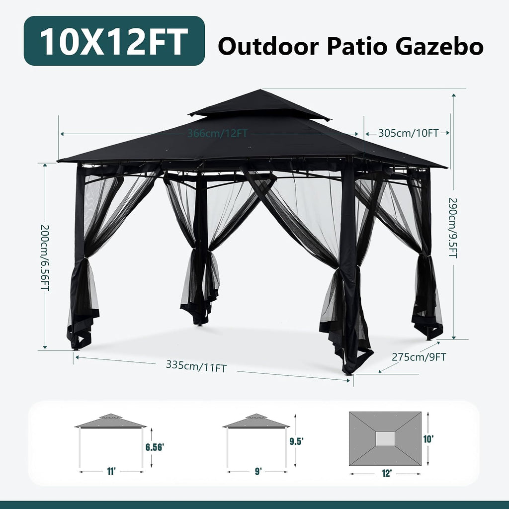 MASTERCANOPY Outdoor Garden Gazebo for Patios with Stable Steel Frame and Netting Walls (10x12,Black)