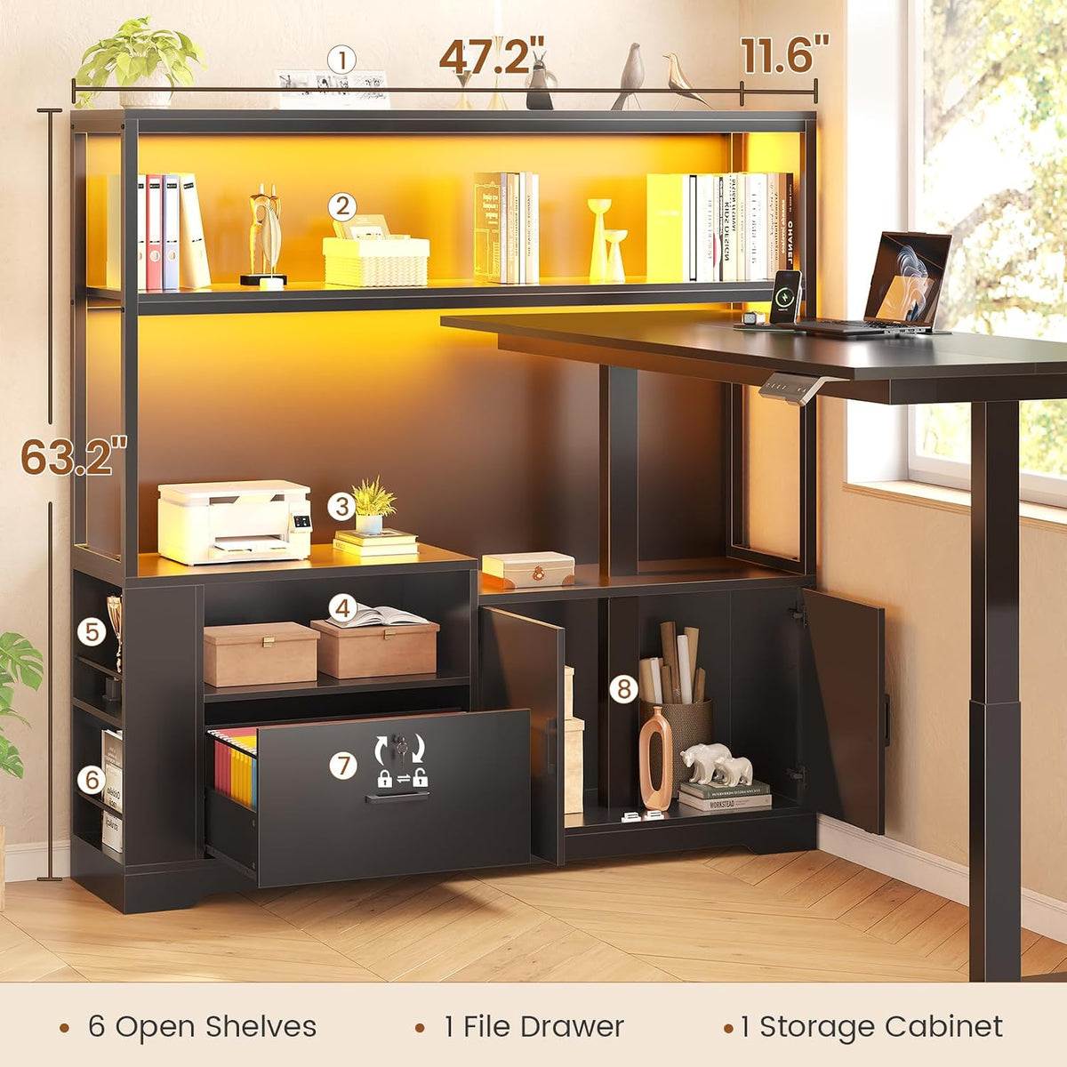 SEDETA 56.7' L Shaped Standing Desk, Reversible Computer Office Desk with Drawers & Hutch, Stand Up Corner Gaming Desks with LED Lights & Power Outlets for Home Office, Black
