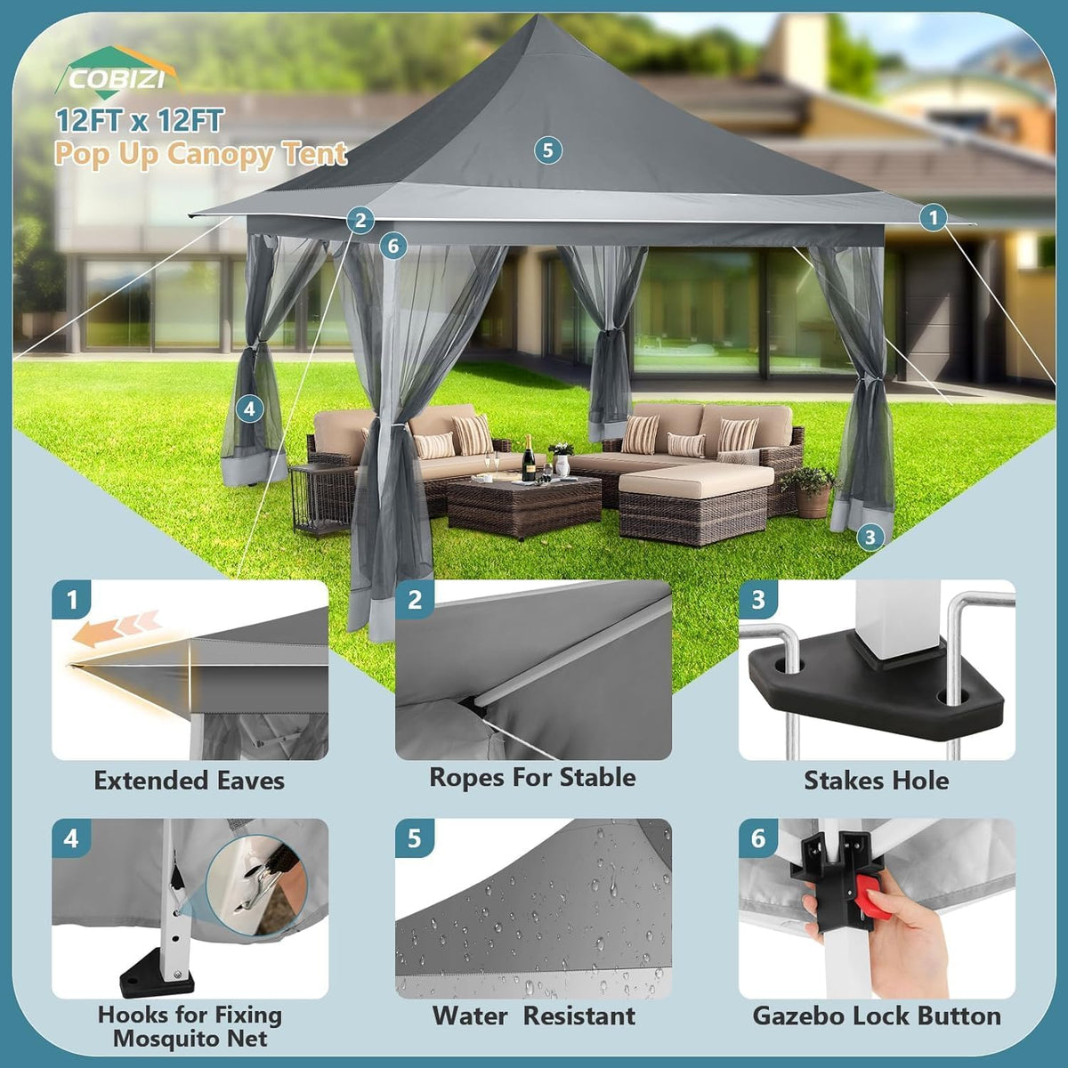 COBIZI 12x12 Pop Up Gazebo On Clearance Canopy Tent Easy Up Outdoor Gazebo Waterproof Upgrade with Mosquito Nettings and Carry Bag for Patio Garden Lawn