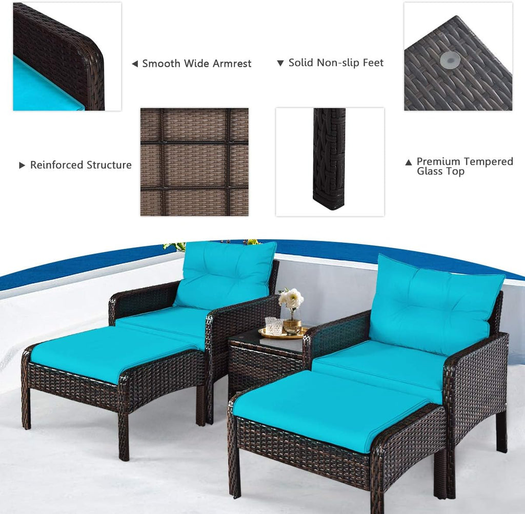HAPPYGRILL 5-Pieces Patio Furniture Set Outdoor Rattan Wicker Conversation Set with Coffee Table Cushioned Sofas and Ottoman Chat Set for Garden Backyard