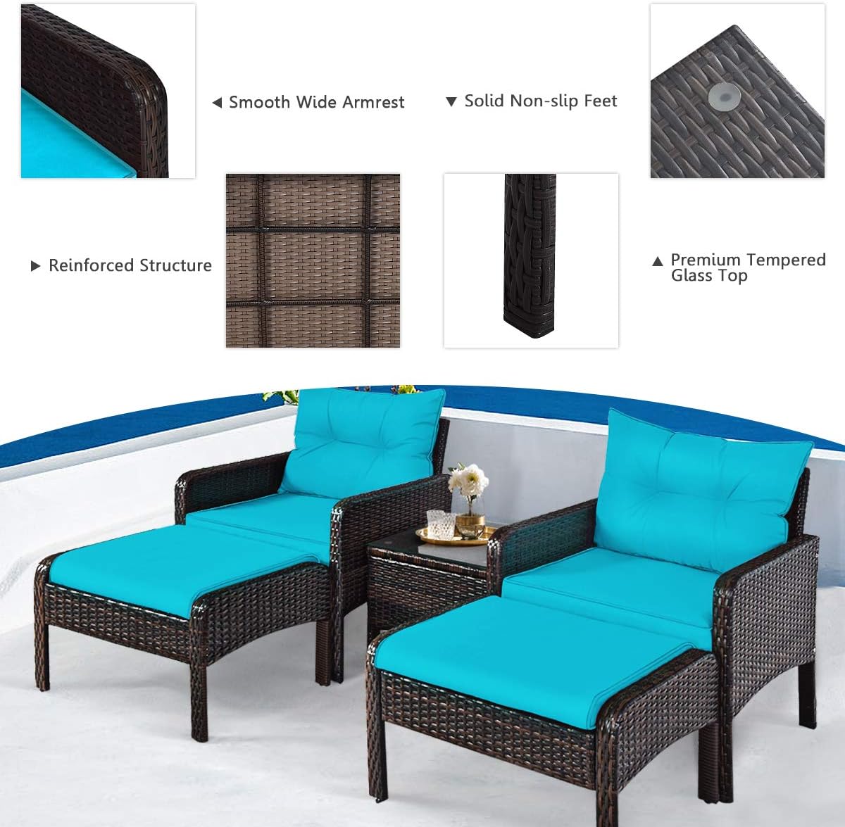 HAPPYGRILL 5-Pieces Patio Furniture Set Outdoor Rattan Wicker Conversation Set with Coffee Table Cushioned Sofas and Ottoman Chat Set for Garden Backyard