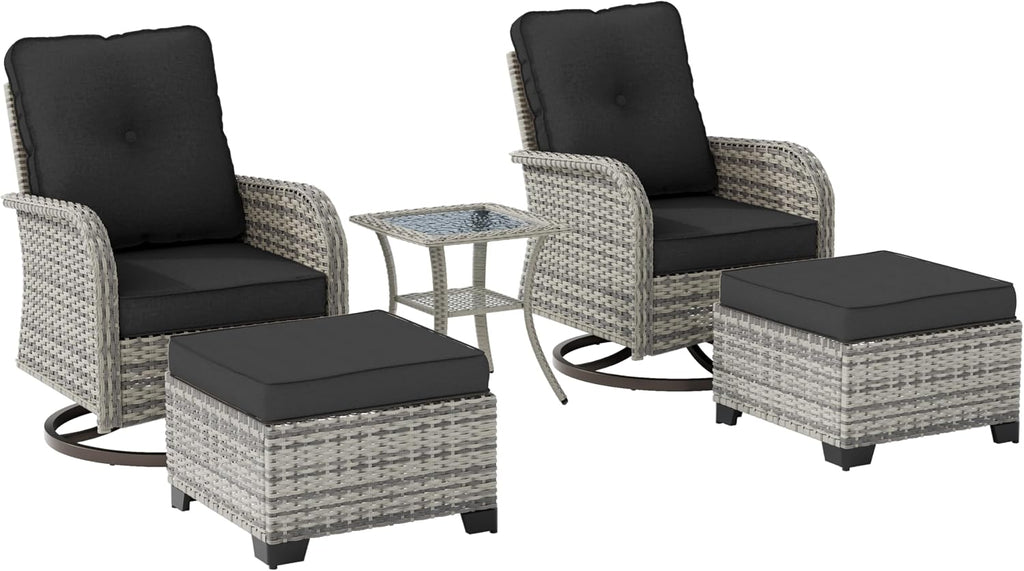 Outdoor Patio Furniture Set Patio Rocking Swivel Chair with Tempered Glass Side Table, Outdoor Wicker Rattan Bistro Set with Ottomans for Garden, Deck, and Balcony, Dark Grey