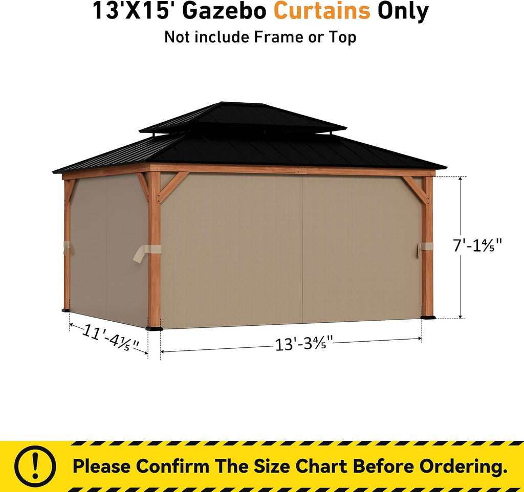 Covered Outdoor Outdoor Gazebo Privacy Curtains & Mosquito Netting with Zipper for 13' x 15' Cedar Wood Gazebo, Replacement Universal 4-Panel Sidewalls, Replacement for Patio Canopy, Khaki