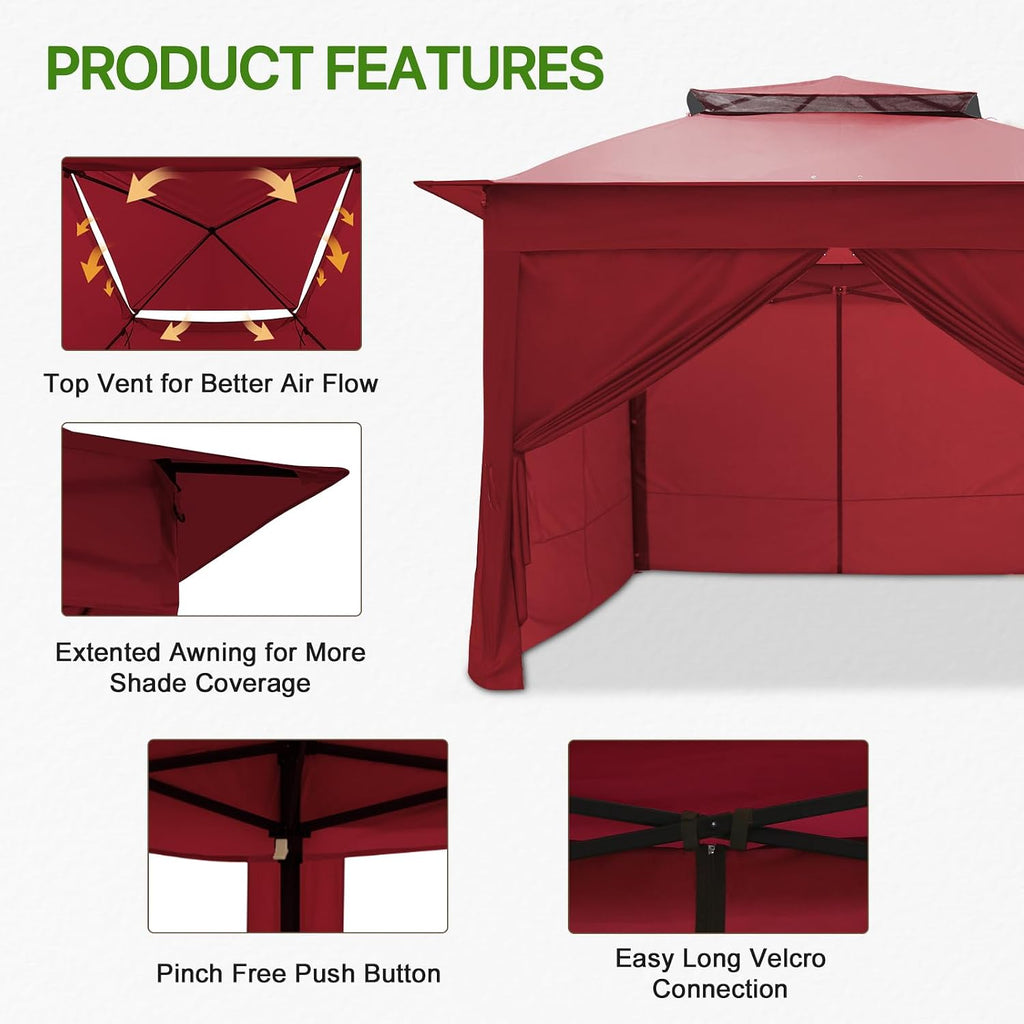 COOS BAY 11x11 Pop Up Gazebo with 4 Sidewalls, Instant Outdoor Canopy Tent with UPF 50+ UV Protection, Water Resistant Shelter with Carry Bag, Stakes & Ropes, Red