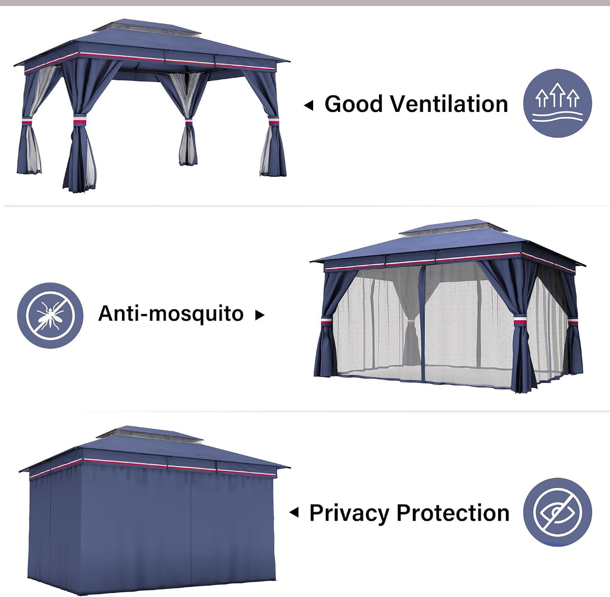 LAUSAINT HOME 10'x13' Outdoor Gazebo with 50FT String Lights, Metal Heavy Duty Patio Canopy Tent with Double Roofs, Mosquito Nettings and Privacy Screens for Backyard, Garden, Lawn, Classic Blue