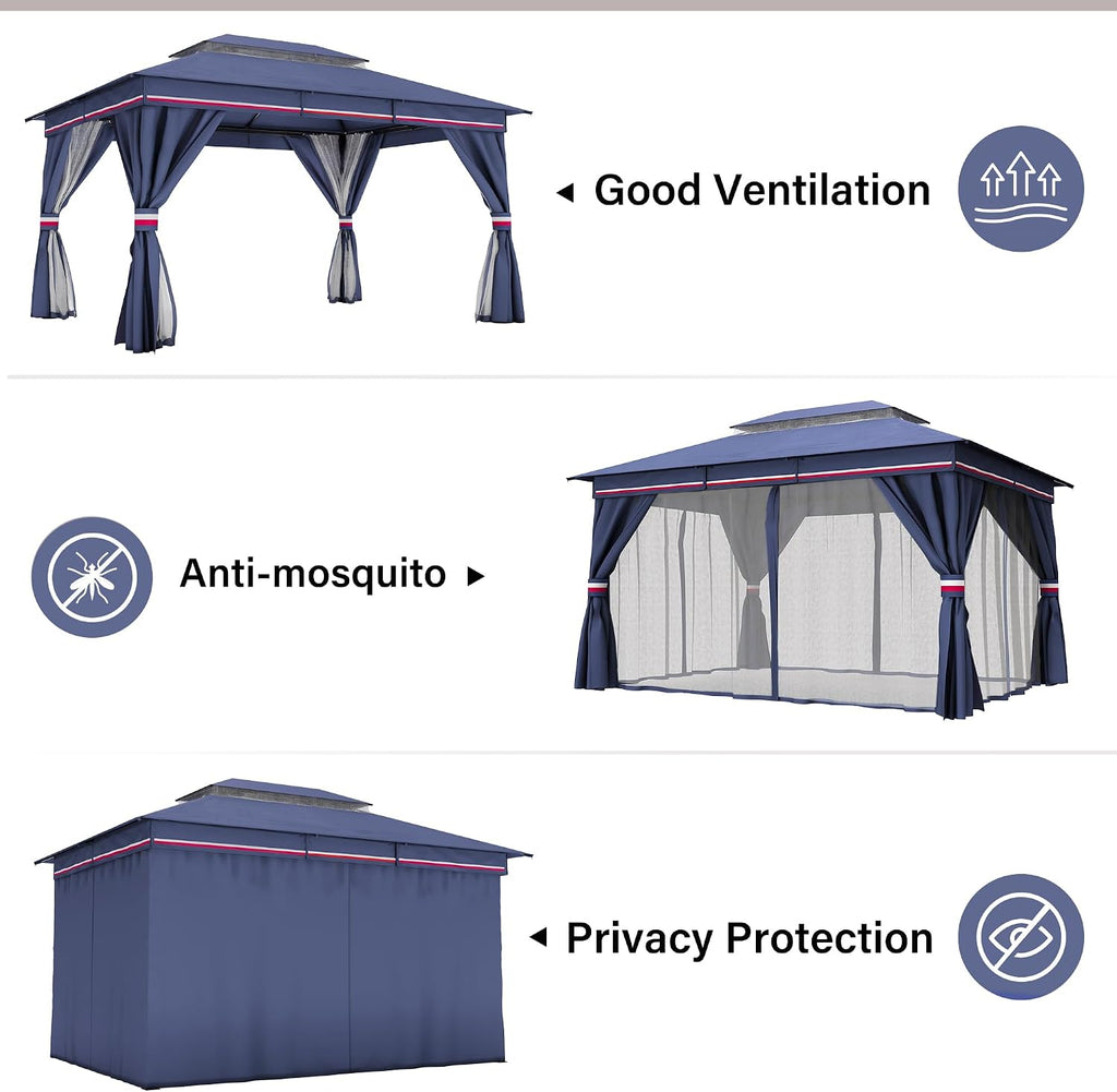 LAUSAINT HOME Patio Gazebo 10'x13', Outdoor Heavy Duty Party Tent Shelter with Double Roofs, Mosquito Nettings and Privacy Screens for Backyard, Garden, Lawn, Classic Blue