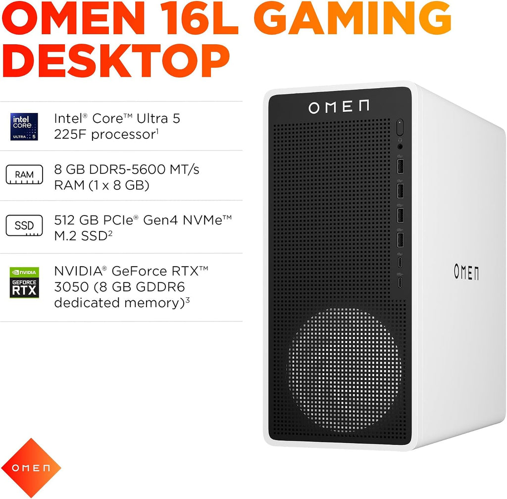 HP OMEN 16L Gaming Desktop PC, Intel Core Ultra 5 225F, 8 GB RAM, 512 GB SSD, NVIDIA GeForce RTX 3050, Windows 11 Home, Microsoft Copilot, Panda Metal, TG03-0110 (2025)