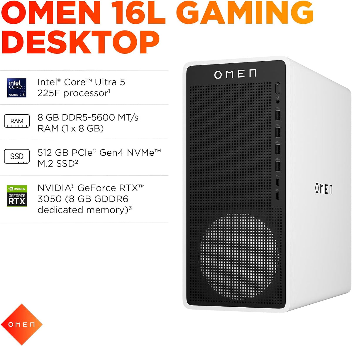 HP OMEN 16L Gaming Desktop PC, Intel Core Ultra 5 225F, 8 GB RAM, 512 GB SSD, NVIDIA GeForce RTX 3050, Windows 11 Home, Microsoft Copilot, Panda Metal, TG03-0110 (2025)