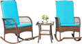 Greesum 3 Piece Outdoor Wicker Rocking Chairs Patio Furniture Set with Glass Coffee Table for Garden Backyard Porch Poolside, Blue