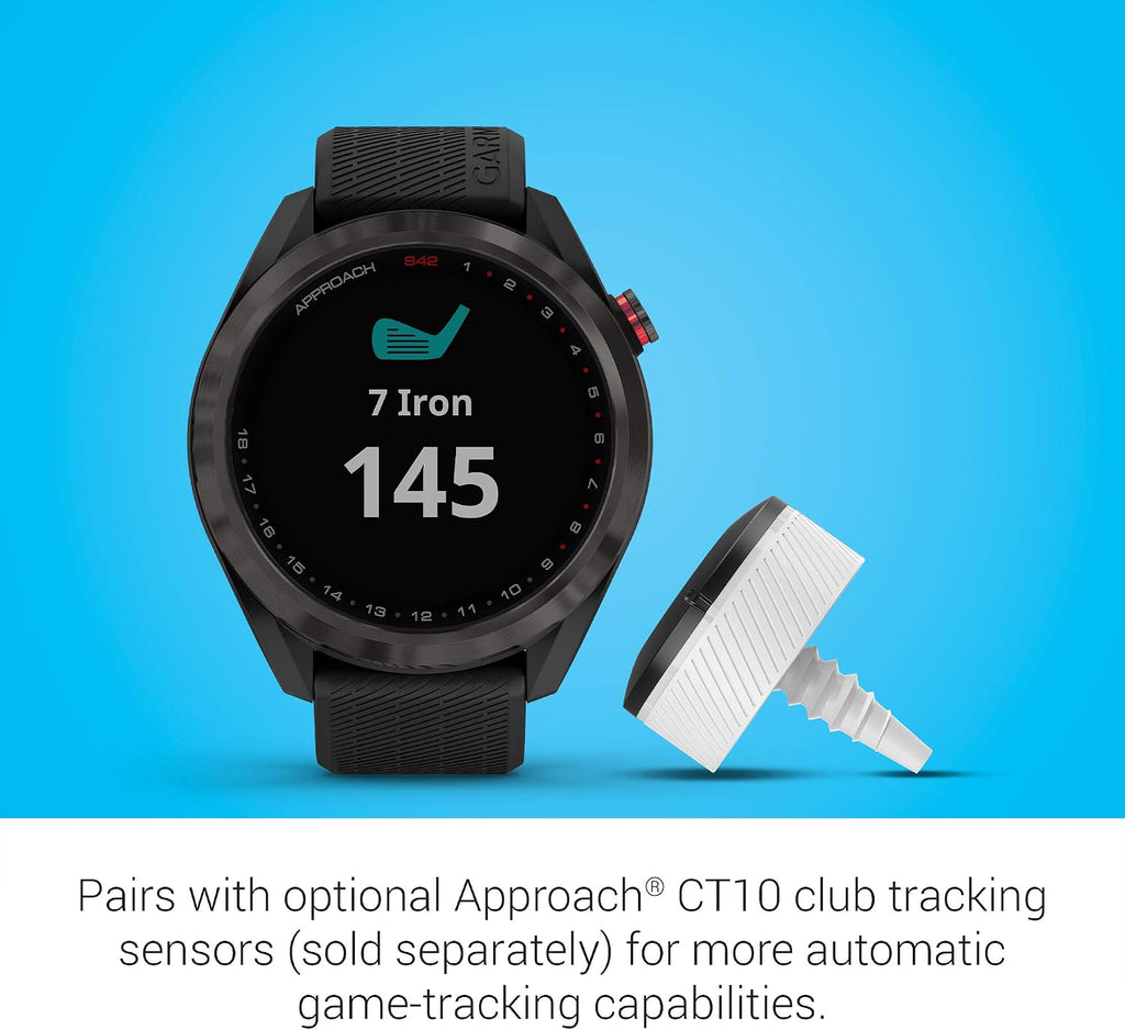 Garmin Approach S42, GPS Golf Smartwatch, Lightweight with 1.2' Touchscreen, 42k+ Preloaded Courses, Gunmetal Ceramic Bezel and Black Silicone Band, 010-02572-10 (Renewed)