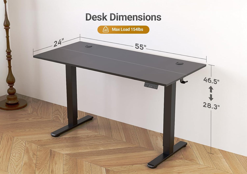 Seang Electric Standing Desk Adjustable Height, 55 x 24 Inch Sit Stand Desk with T-Shaped Frame, 3 Memory Presets & Cable Management for Home Office Computer Workstation, Black Frame/Black Top