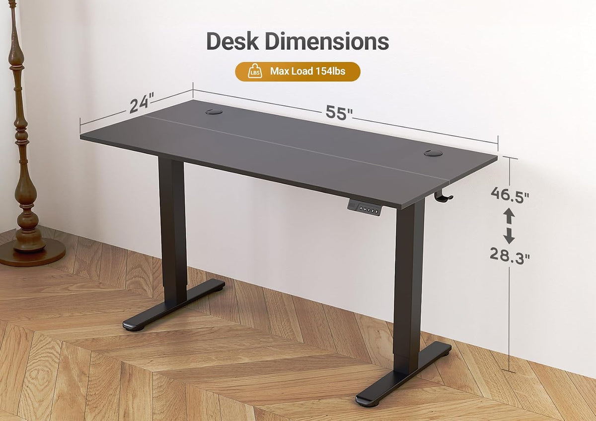 Seang Electric Standing Desk Adjustable Height, 55 x 24 Inch Sit Stand Desk with T-Shaped Frame, 3 Memory Presets & Cable Management for Home Office Computer Workstation, Black Frame/Black Top
