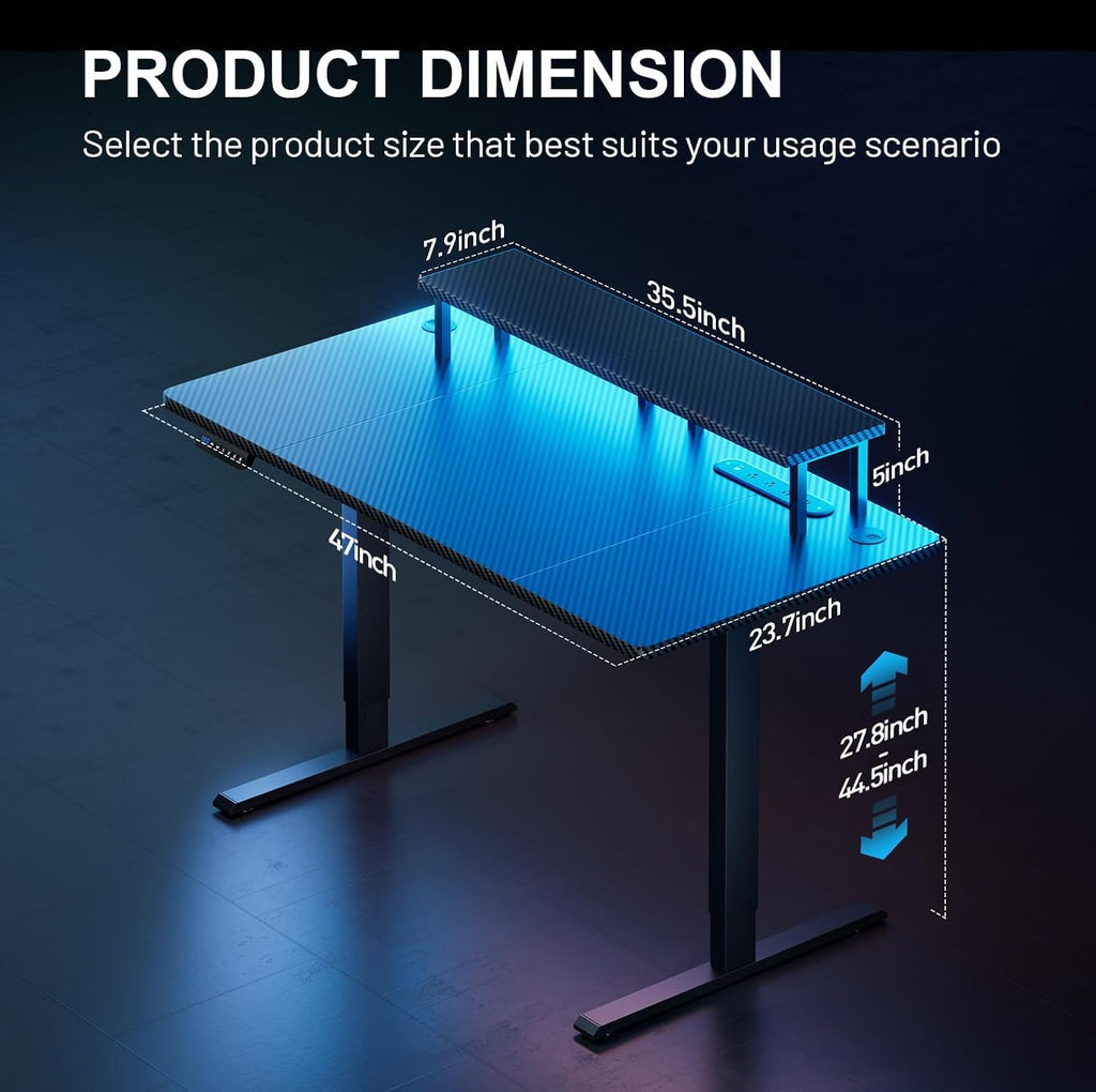 HLDIRECT Electric Standing Gaming Desk with LED Lights, 47 Inch Height Adjustable Gaming Table Sit Stand Computer Workstation with Power Outlet & Monitor Stand, Rising Desk for Office, Home, Black