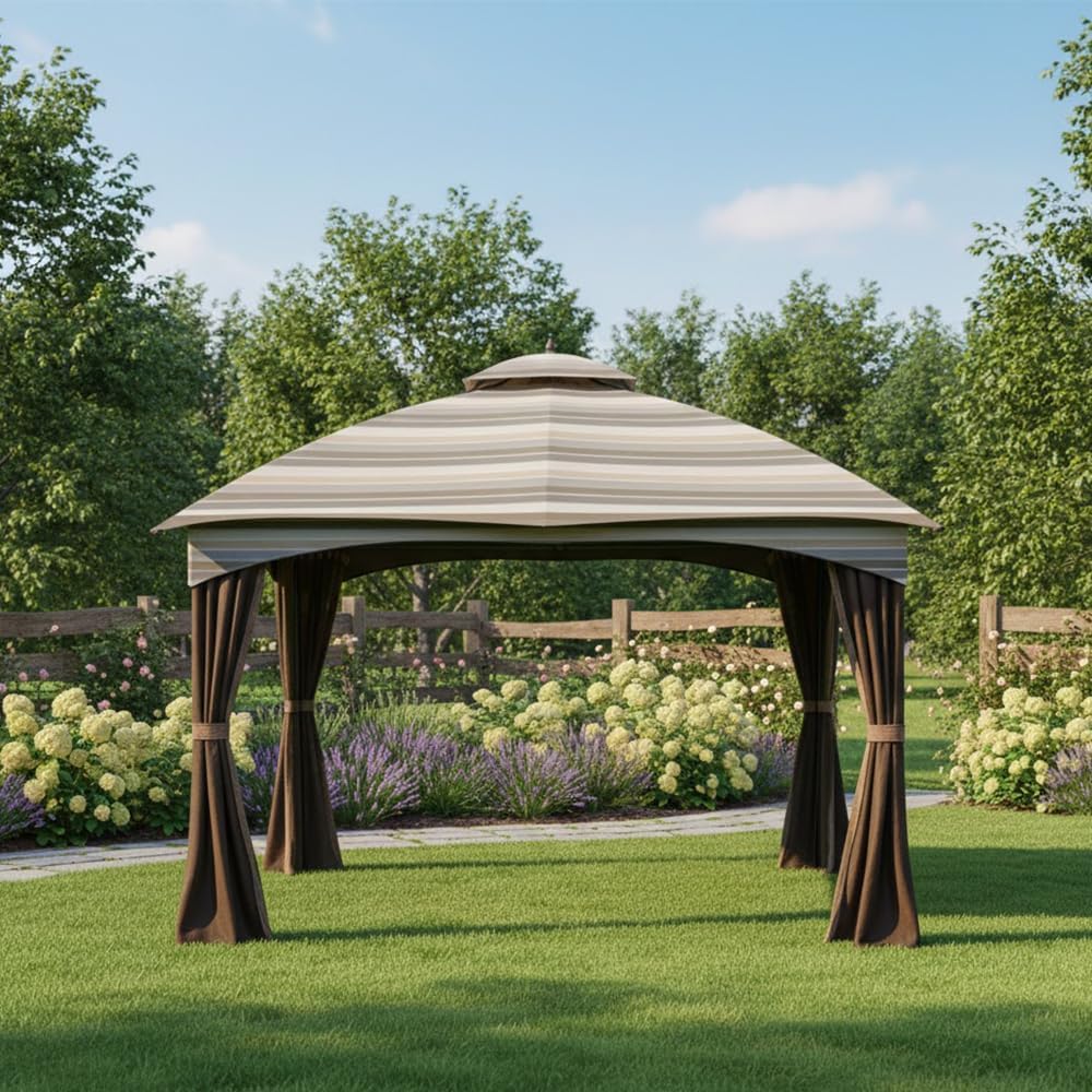 Garden Winds Durable 350 Replacement Canopy Top Compatible with Allen Roth 10' x 12' Gazebo Models GF-12S004B, TPGAZ17-002 - Stripe Stone