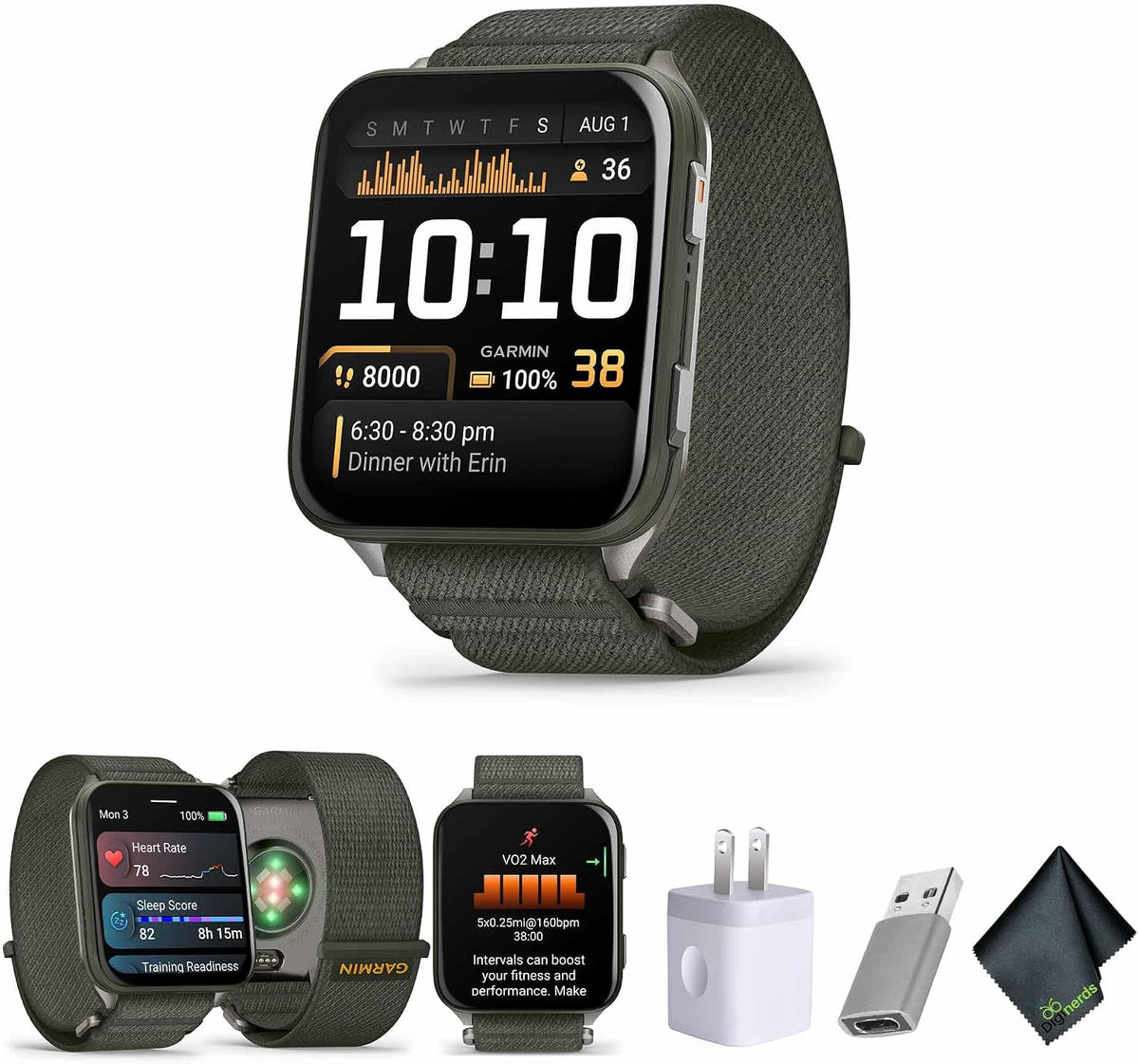 Garmin Venu X1 Thin and Lightweight GPS Smartwatch, 2' AMOLED Display, Sapphire Lens, LED Flashlight, Built-in Maps, 100+ Sports Apps, Fitness and Wellness Tracking, Moss with Titanium Caseback