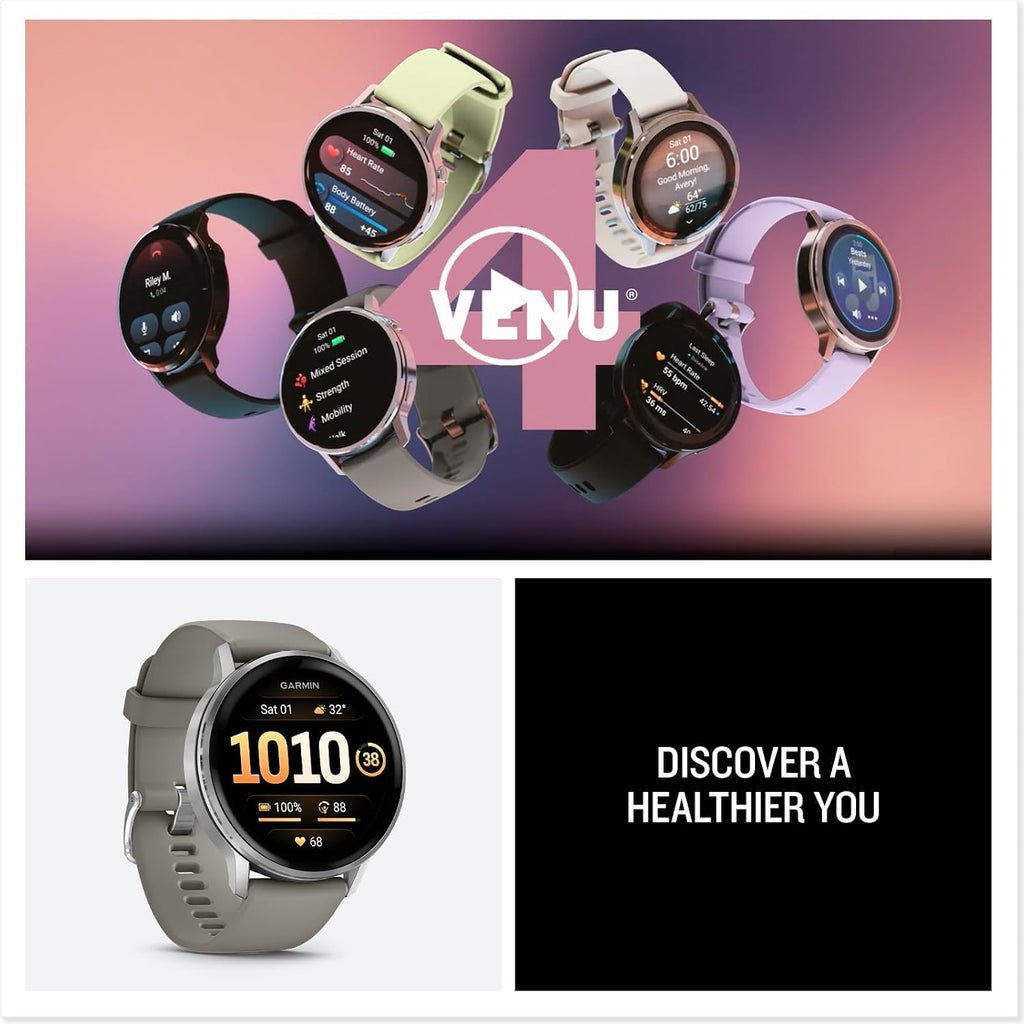 Garmin Venu 4 (45mm) Smartwatch GPS, AMOLED, Sleep Coach, Body Battery - Silver with Silver Gray Band Bundle with Deco Essentials Charging Dock, 3-Pack Dust Covers & 1.4' Screen Protector