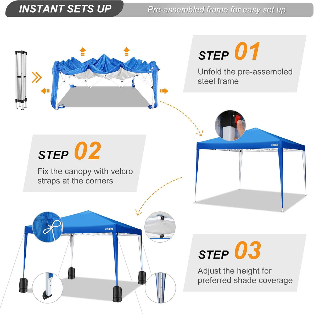 COBIZI Pop-Up-Pavillon, 3 x 3 m, Wasserdicht, sofortige Baldachin, silberbeschichtet, 99% UV-Schutz, mit verstellbaren Beinhöhen, 4 Gewichtstaschen, Heringen und Seilen (Blau)