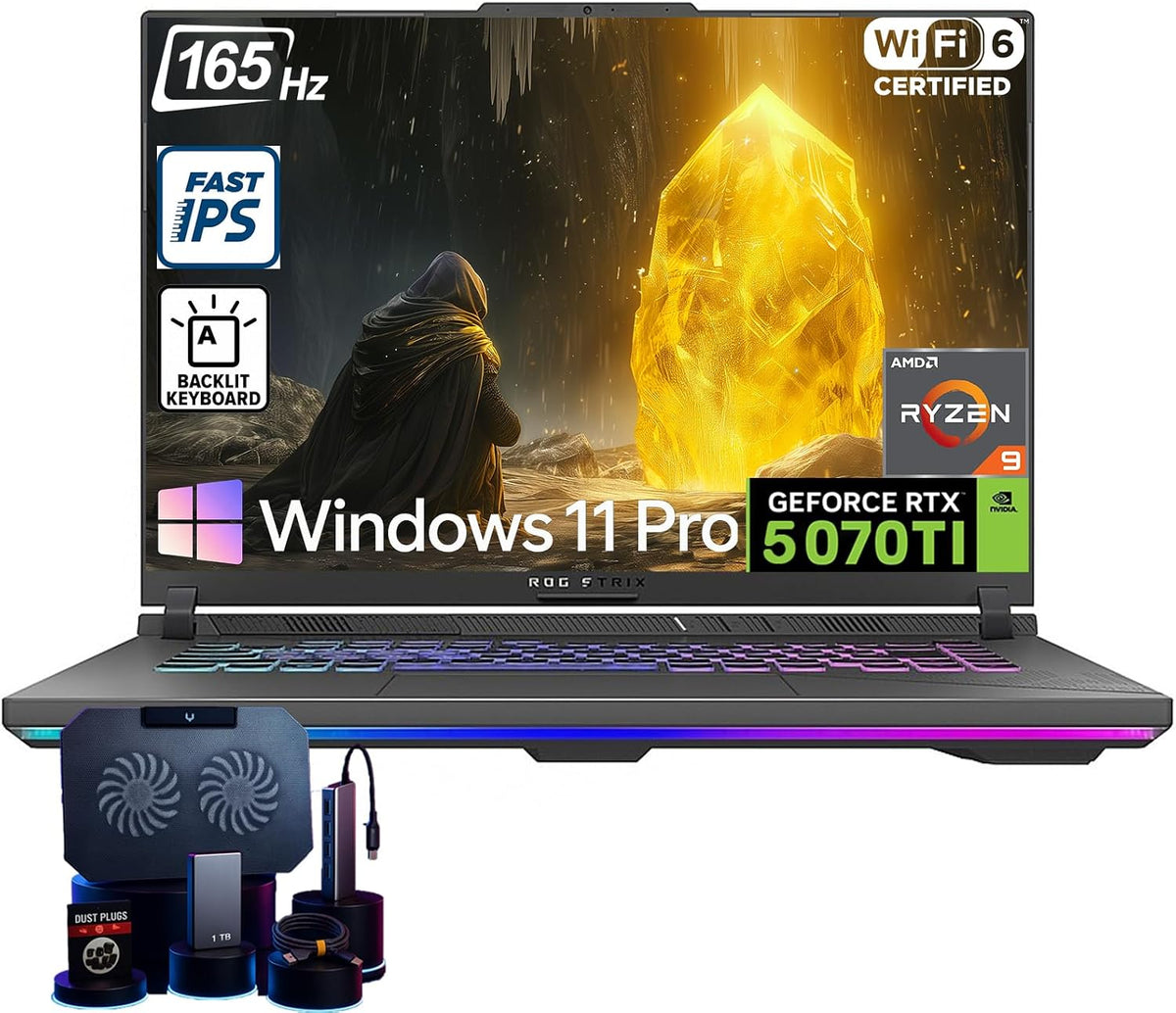 ASUS ROG Strix-G16 Gaming Laptop - AMD Ryzen 9 8940HX (Up to 5.3 GHz), NVIDIA GeForce RTX 5070 Ti, 16' 165Hz 300 nits Display, 32GB DDR5 RAM, 1TB SSD, WiFi 6E, Backlit KB, Win11 Pro, with Accessories