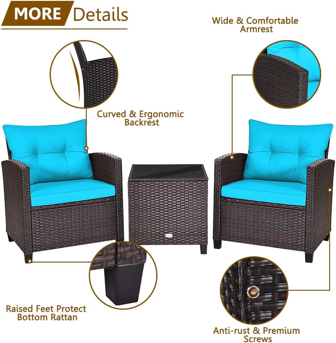HAPPYGRILL 3 Pieces Patio Conversation Set, Outdoor Furniture Set PE Rattan Sofa Set with Removable Cushions, PE Wicker Chairs with Tempered Glass Side Table for Porch Lawn Garden Balcony Backyard