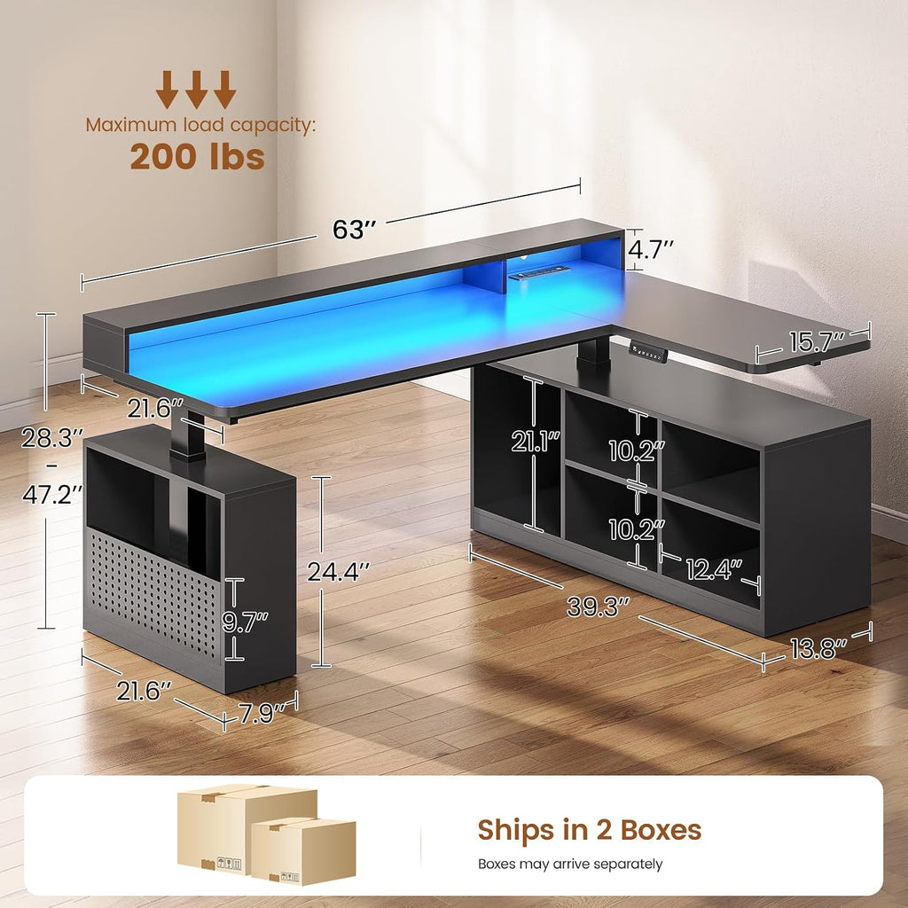 SEDETA L Shaped Gaming Standing Desk, 63 inch Height Adjustable Office Executive Desk with Storage Shelves and Monitor Stand, Computer Gaming Desk with Power Outlet, LED Lights for Home Office, Black