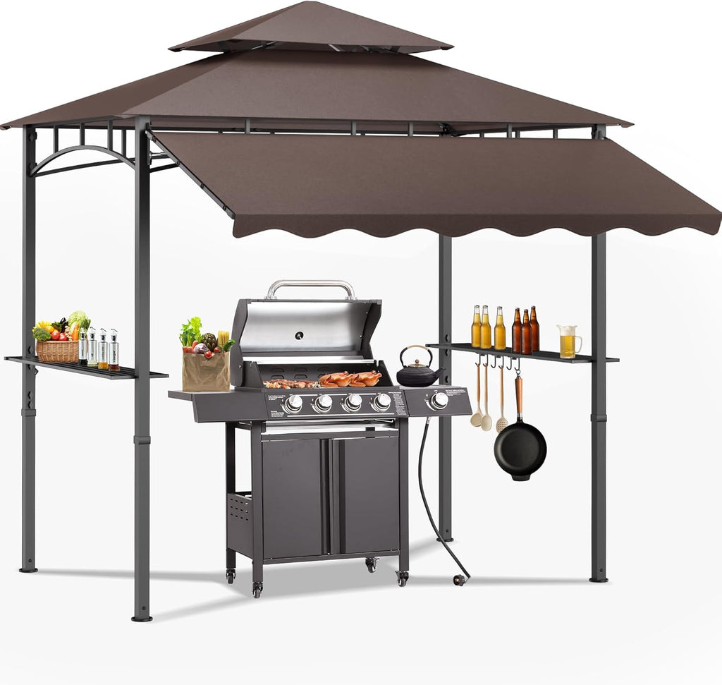 8'X8' Grill Gazebo Canopy - Heavy Duty Steel Frame, Double Tiered Grill Canopy for Outdoor Grill W/Shelves, Ceiling Hooks, Ground Stakes, Patio Canopys Tent BBQ Gazebo Backyard (Brownness)