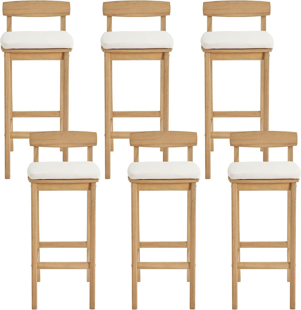 Patio Bar Stools Set of 6, Solid Acacia Wood Patio Barstools with Footrest, 28.5' Counter Height Outdoor Bar Stools, High Top Patio Bar Chairs for Balcony/Deck/Kitchen Island/Bistro, Beige