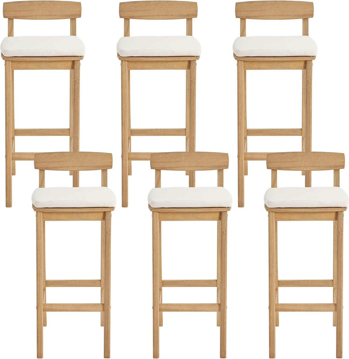 Patio Bar Stools Set of 6, Solid Acacia Wood Patio Barstools with Footrest, 28.5' Counter Height Outdoor Bar Stools, High Top Patio Bar Chairs for Balcony/Deck/Kitchen Island/Bistro, Beige