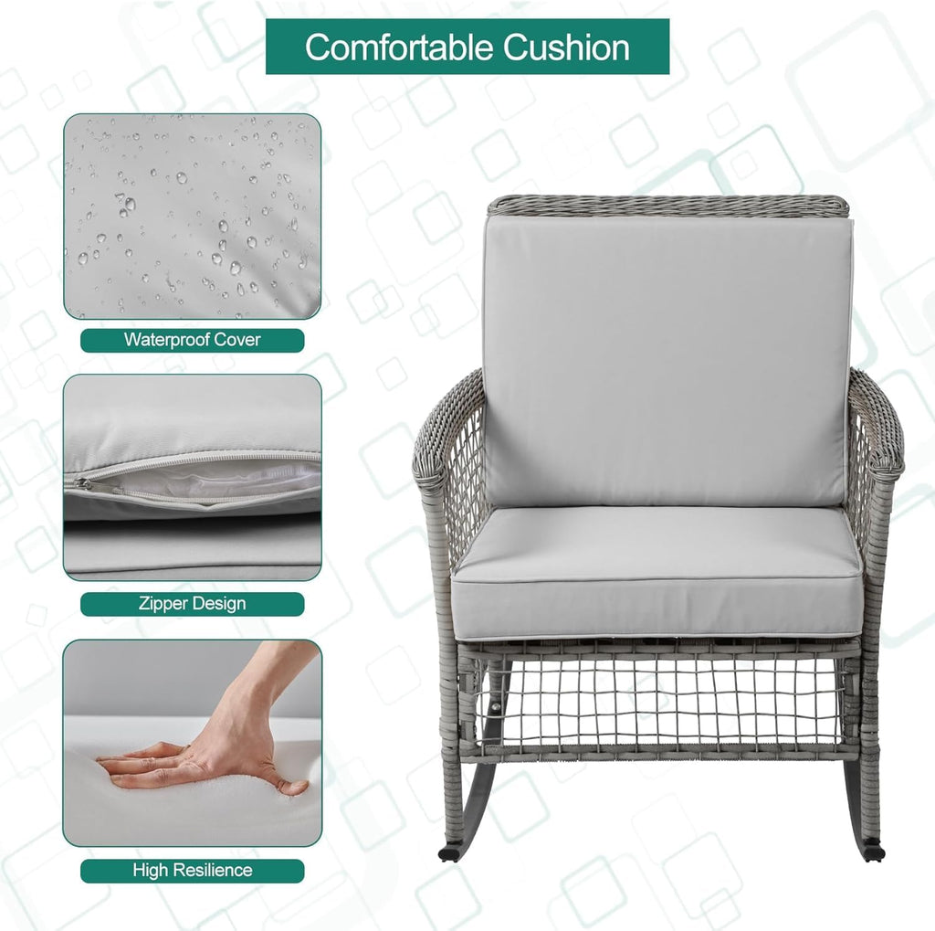 DECMICO 3-Piece Wicker Rocking Chair Set, Patio Bistro Furniture with Cushions & Side Table, Rattan Outdoor Conversation Bistro Set for Outdoor Use, Grey