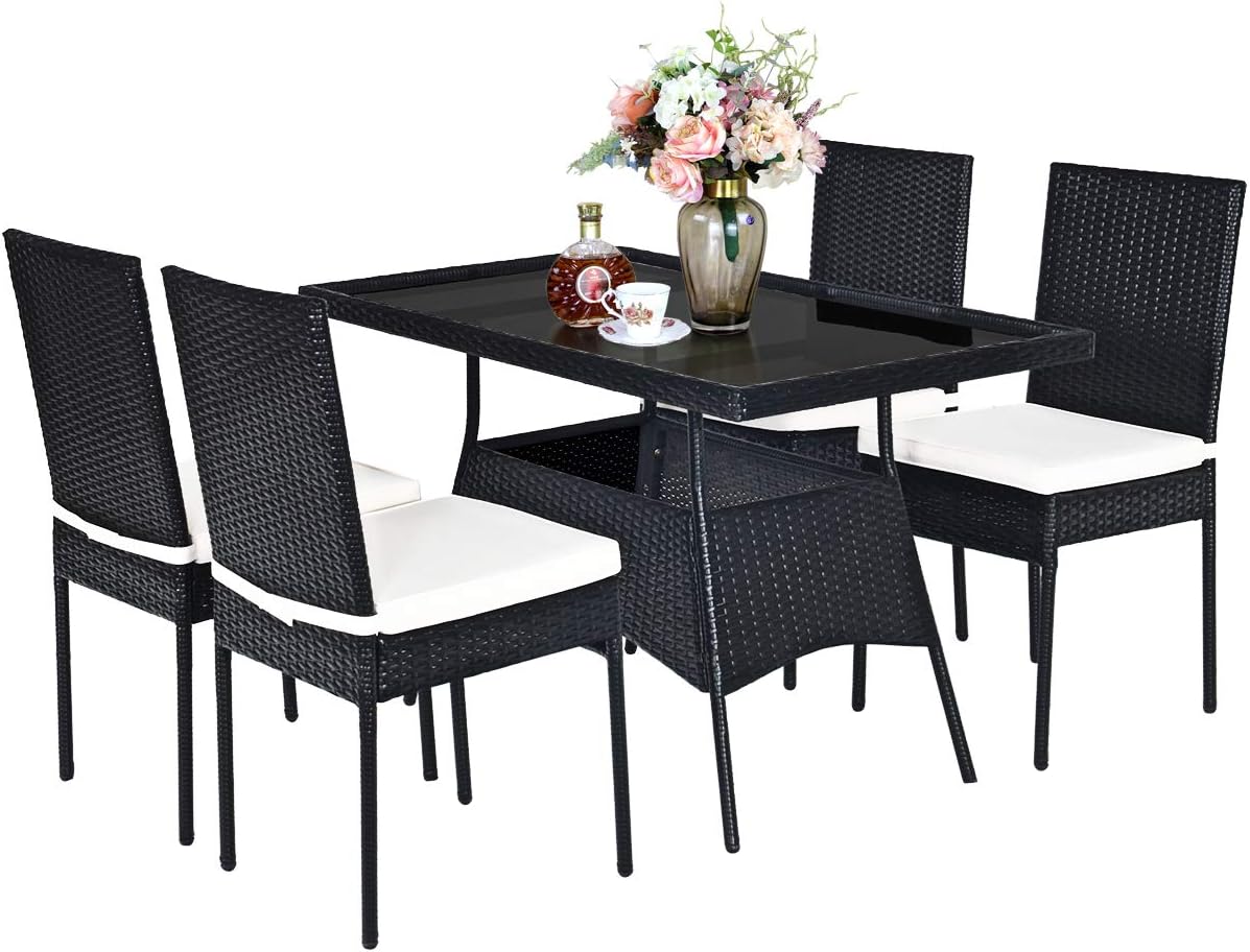 Tangkula 5 Piece Wicker Patio Dining Set, Outdoor Rattan Table & Chairs Set with Tempered Glass Top & Padded Cushions, Patio Furniture Dining Table Set for Balcony Patio Garden Poolside