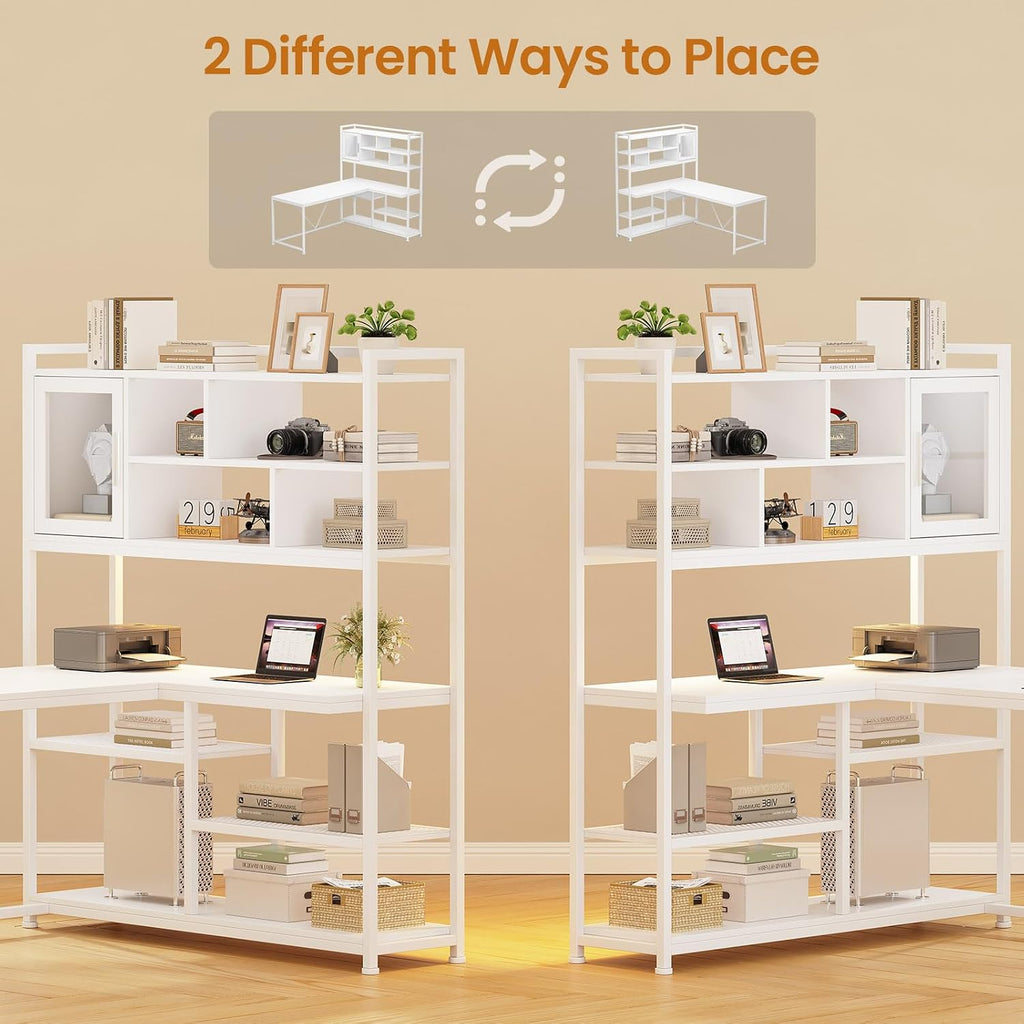 SEDETA L Shaped Computer Desk, 58'' Office Desk with LED Light and Bookshelf, L Shaped Corner Desk with Storage Shelves for Home Office, Gaming Desk, L Desk, White