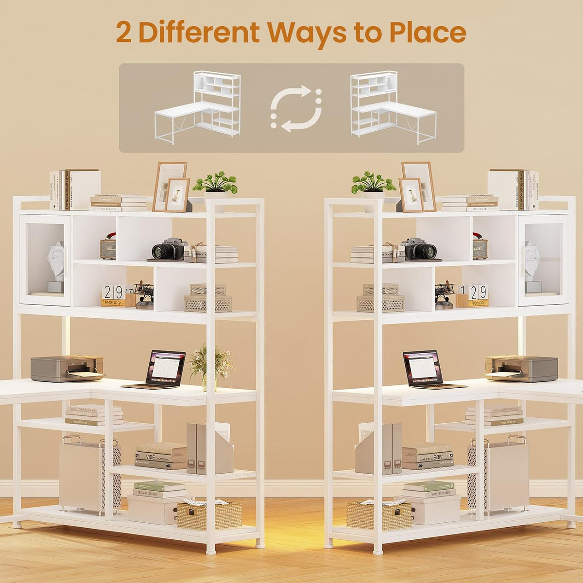 SEDETA L Shaped Computer Desk, 58'' Office Desk with LED Light and Bookshelf, L Shaped Corner Desk with Storage Shelves for Home Office, Gaming Desk, L Desk, White