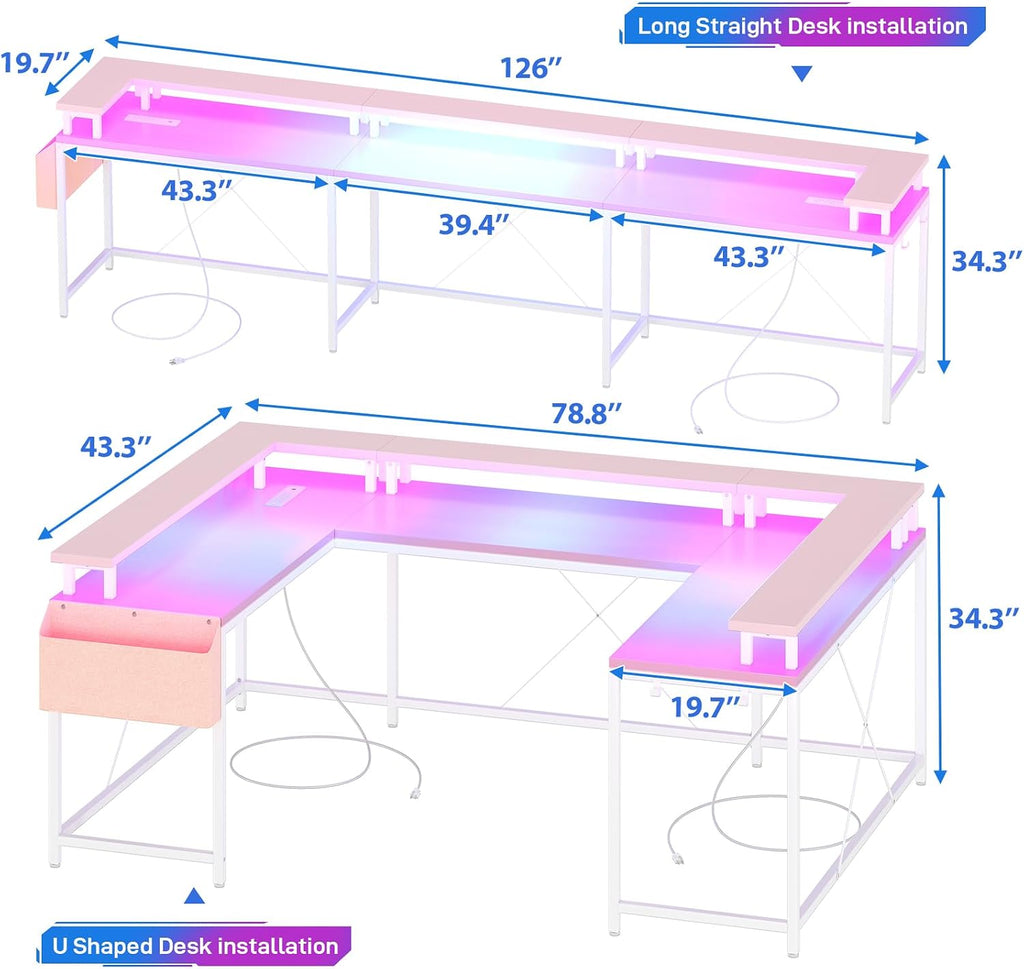 Jojoka U Shaped Computer Gaming Desk, Reversible L Shaped Desk with Power Outlets, LED Strip & Monitor Stand, Large Corner Desk with Storage Shelves for Home Office,Deep Pink