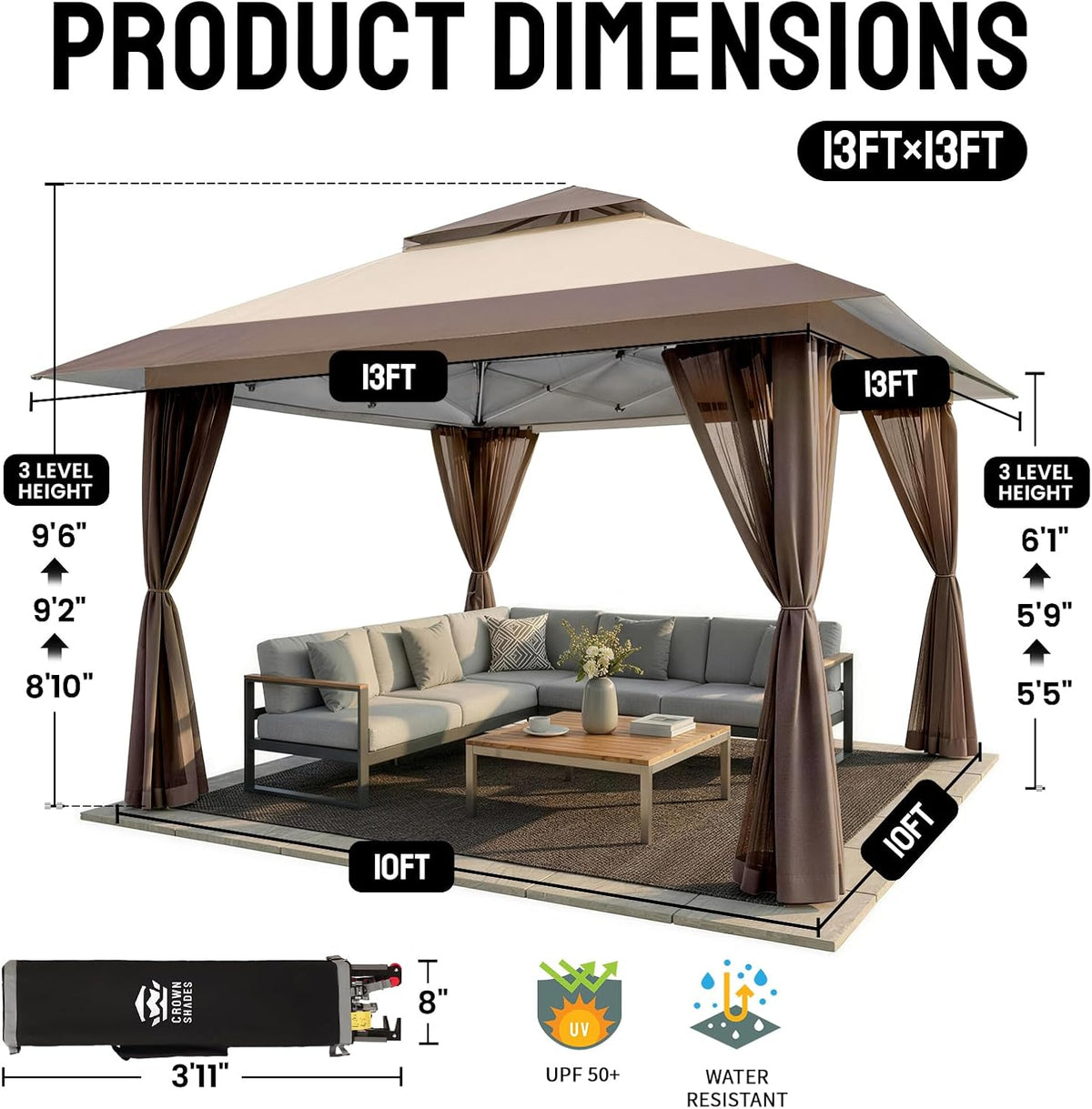 CROWN SHADES 13x13 Pop Up Gazebo, Canopy Tent, Gazebos on Clearance - Outdoor Gazebo for Backyard & Patio Furniture - Carpa Pop Up Tent with Wheeled STO-N-Go Cover Bag (Beige & Coffee)