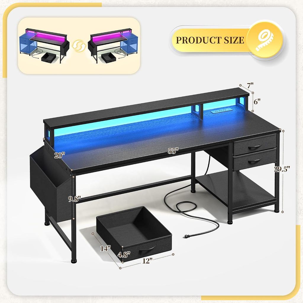 DurayLoly 55' Computer Desk with Drawers & Storage Bag, Gaming Desk with Power Outlets and LED Lights, Office Desk with Monitor Stand for Bedroom Gaming Room, Study Work Home Office, Black